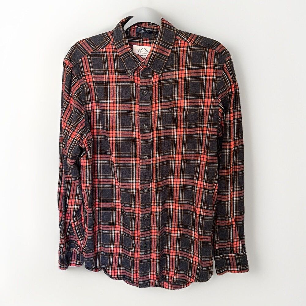 St John's Bay Men's Flannel Shirt Size M Orange Plaid  Button Down Long Sleeve